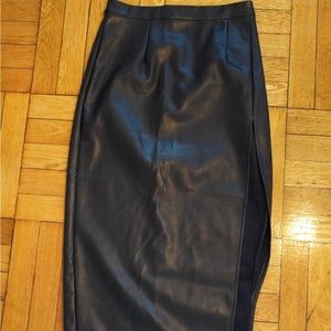 Black faux leather pencil skirt with slit